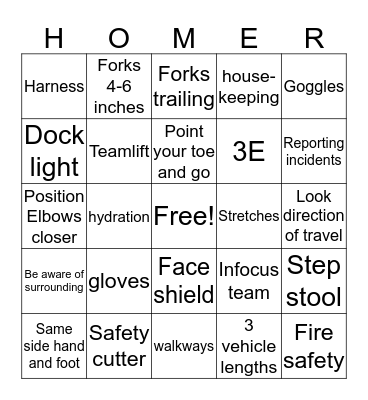 Safety Bingo Card