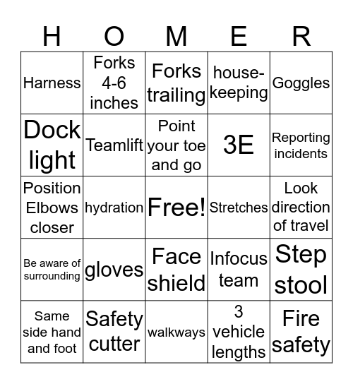 Safety Bingo Card