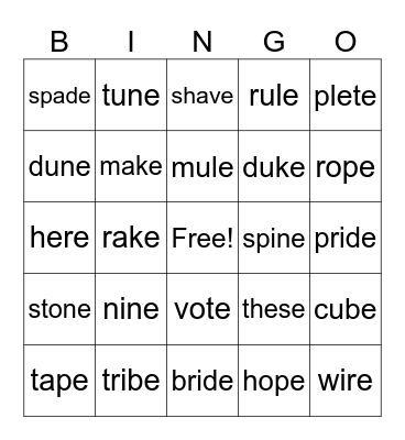Silent E Review Bingo Card