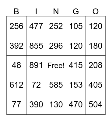 Multiplication Bingo Card