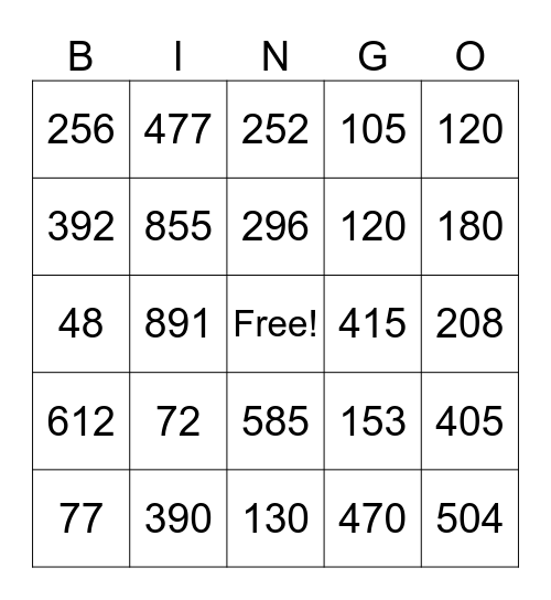 Multiplication Bingo Card