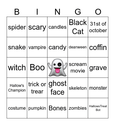 Dean Lewis Halloween Bingo Card