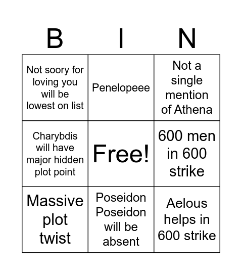 Vengeance saga bingo Card