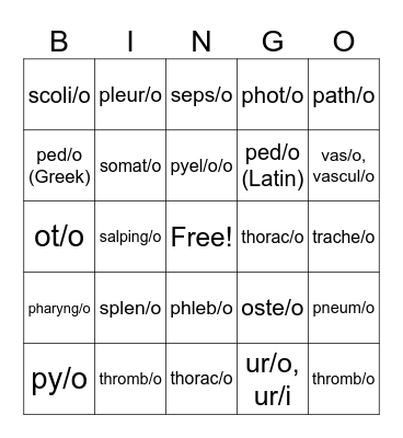 Week 6 & 7 Medical Terminology Review Bingo Card