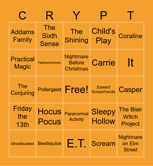 CRYPT Halloween Movie Bingo Card