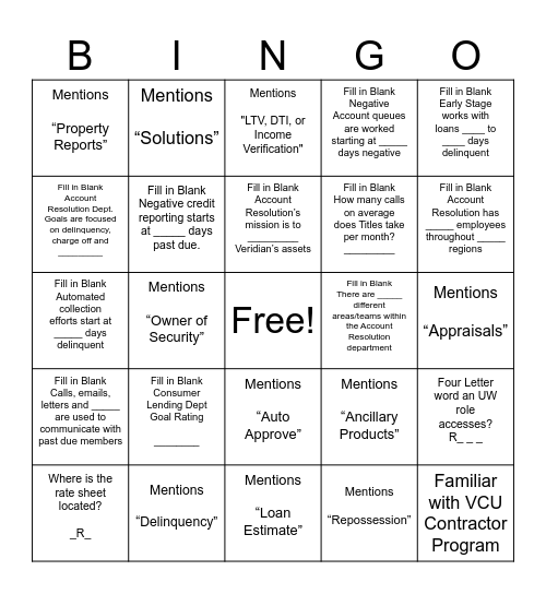 Consumer Lending & Account Resolution Bingo Card