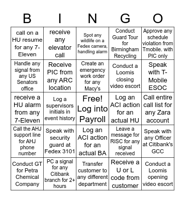Special Operations Bingo Card