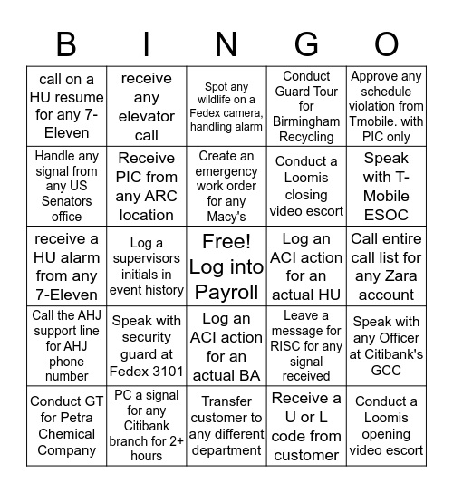 Special Operations Bingo Card