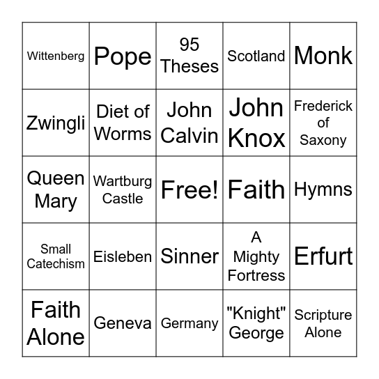 Reformation Bingo Card