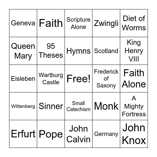 Reformation Bingo Card