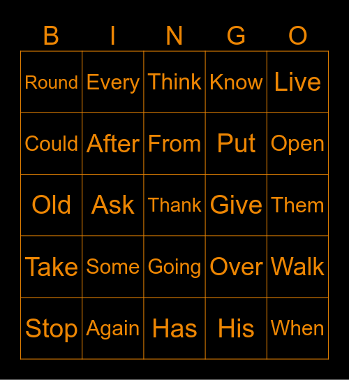 Sight Words Bingo Card