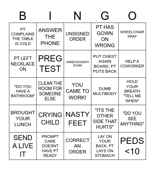 X-Ray Tech Week Bingo Card