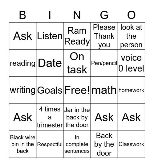 Classroom Procedure Bingo Card