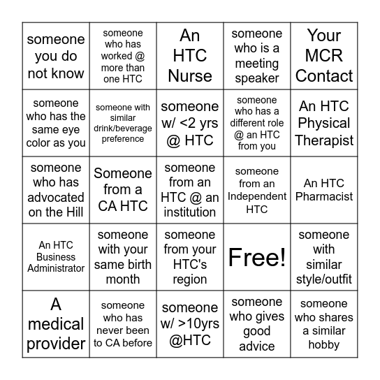 Hemo Alliance Networking BINGO. Talk to.... Bingo Card
