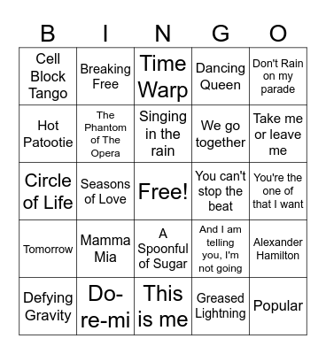 Songs from Musicals Bingo Card