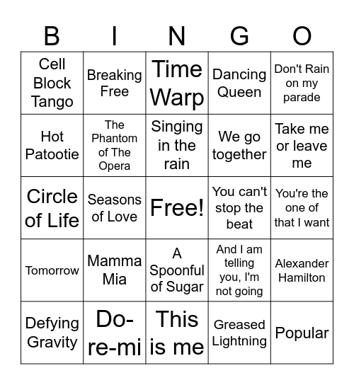 Songs from Musicals Bingo Card