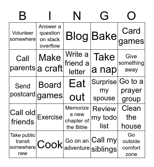 Recharging Activites Bingo Card