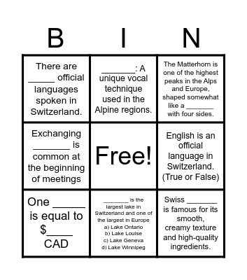 Switzerland Bingo Card
