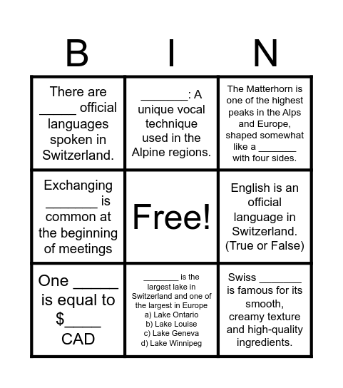 Switzerland Bingo Card