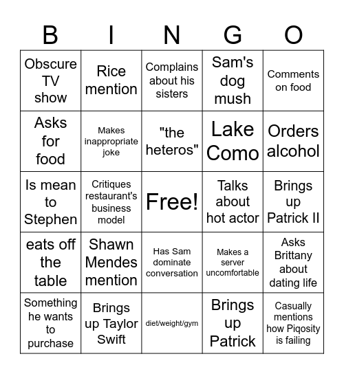 Team Lunch Bingo Card