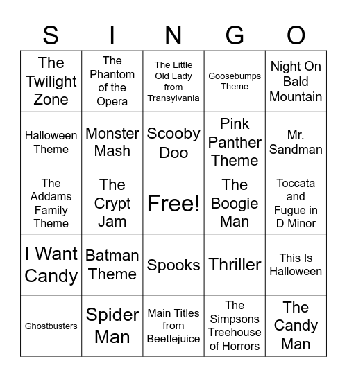 SINGO! Halloween Spooks Edition Bingo Card