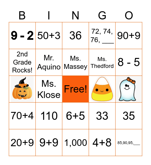 SAUS 2nd Grade Halloween Math Bingo! Bingo Card