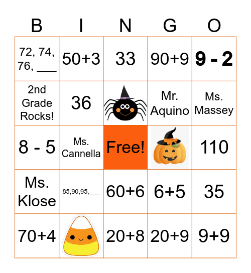 SAUS 2nd Grade Halloween Math Bingo! Bingo Card