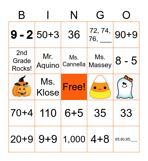 SAUS 2nd Grade Halloween Math Bingo! Bingo Card