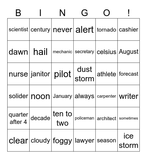 Lesson 5-8 Bingo Card