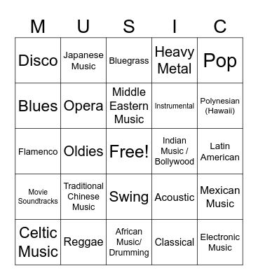 MUSIC GENRE BINGO Card
