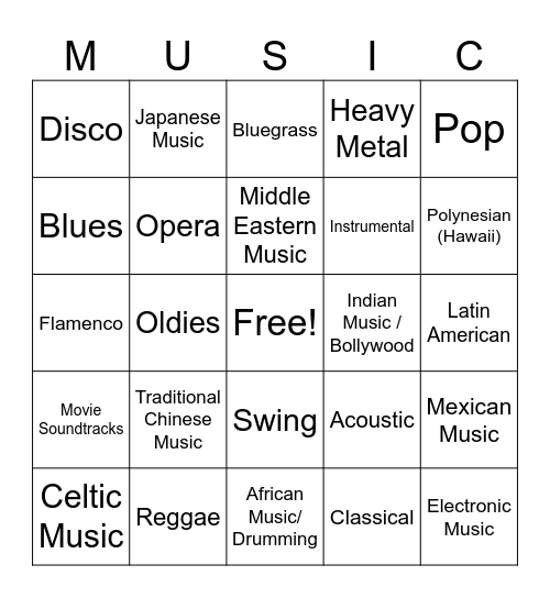 MUSIC GENRE BINGO Card