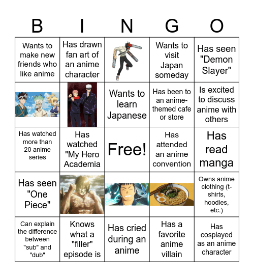 Anime Bingo Card