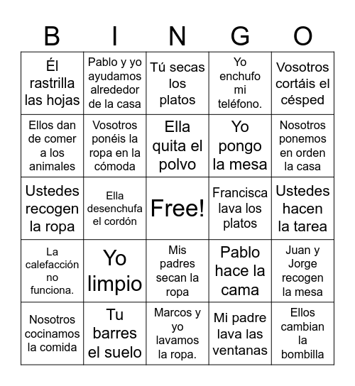 Los Quehaceres/Los Deberes Bingo Card