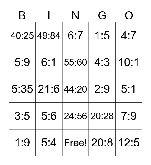 Equivalent Ratios Bingo Card