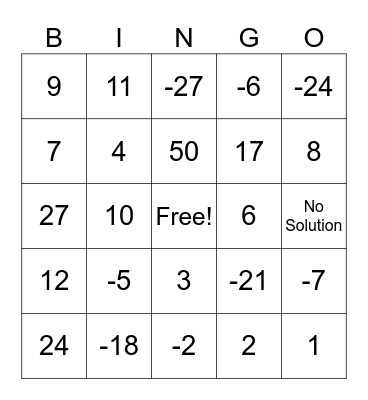 Absolute Value Equations Bingo Card