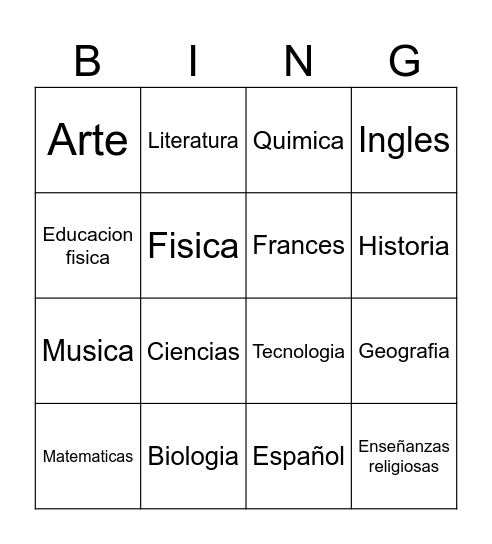 BINGO - subjects Bingo Card