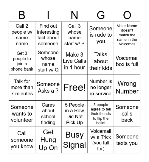 Phone Banking Bingo Card