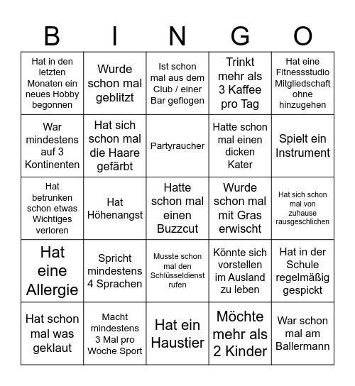 Charakter Bingo Card