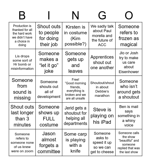 All staff bingo Card