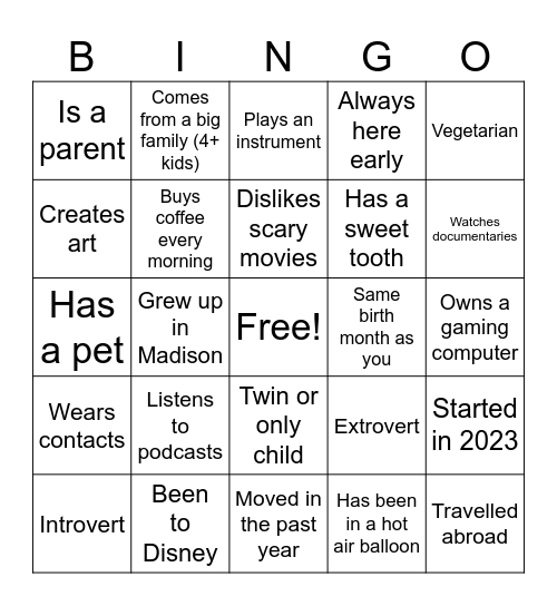 Sample Entry Bingo Card