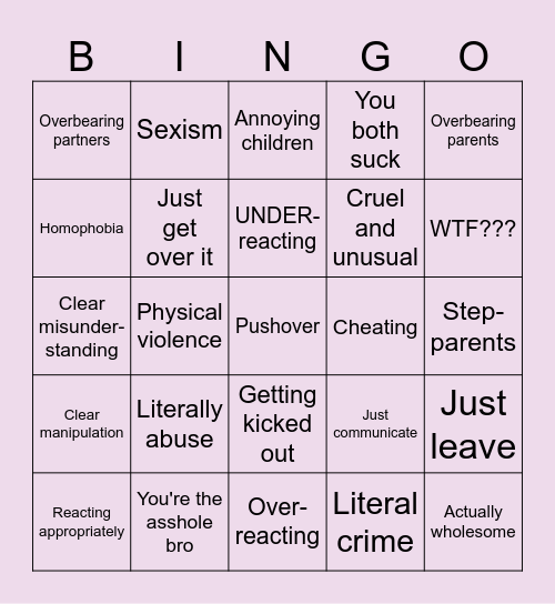 r/amioverreacting Bingo!!! Bingo Card