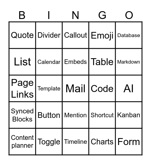 Notion Features Bingo Card