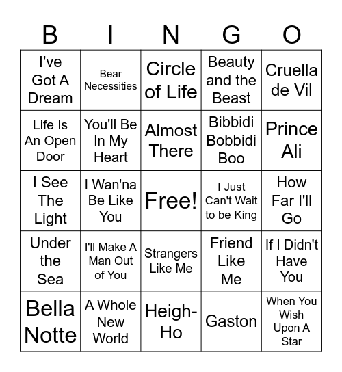 Dinsey Songs Bingo Card