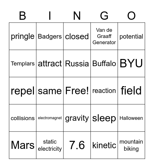 7th grade Science Halloween Bingo Card