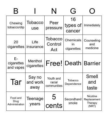 Tobacco Cessation Bingo Card