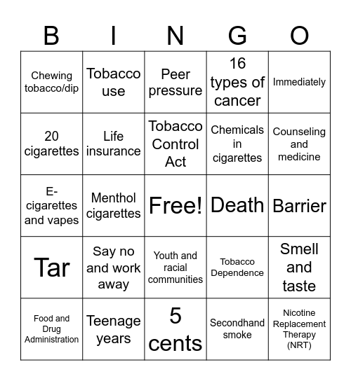 Tobacco Cessation Bingo Card