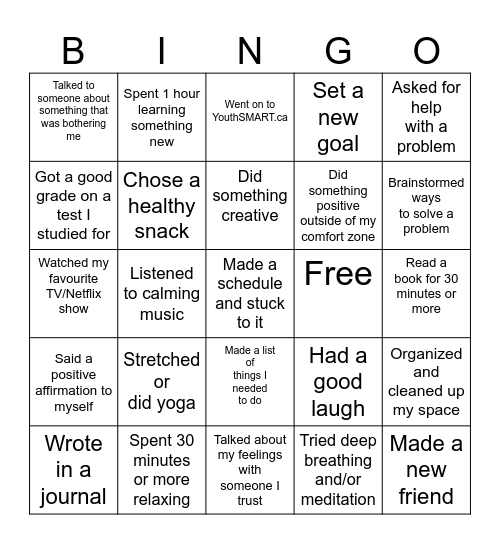 Positive stress Management Bingo Card