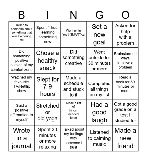 Positive stress Management Bingo Card