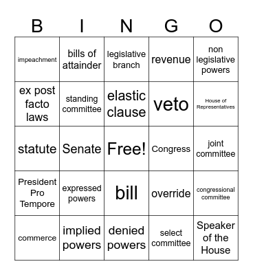 Legislative Branch Bingo Card