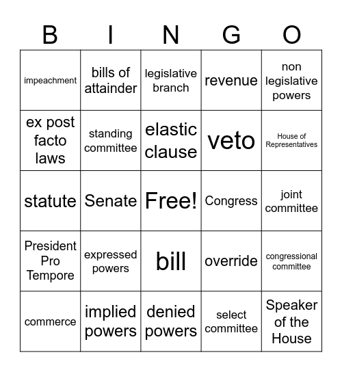 Legislative Branch Bingo Card